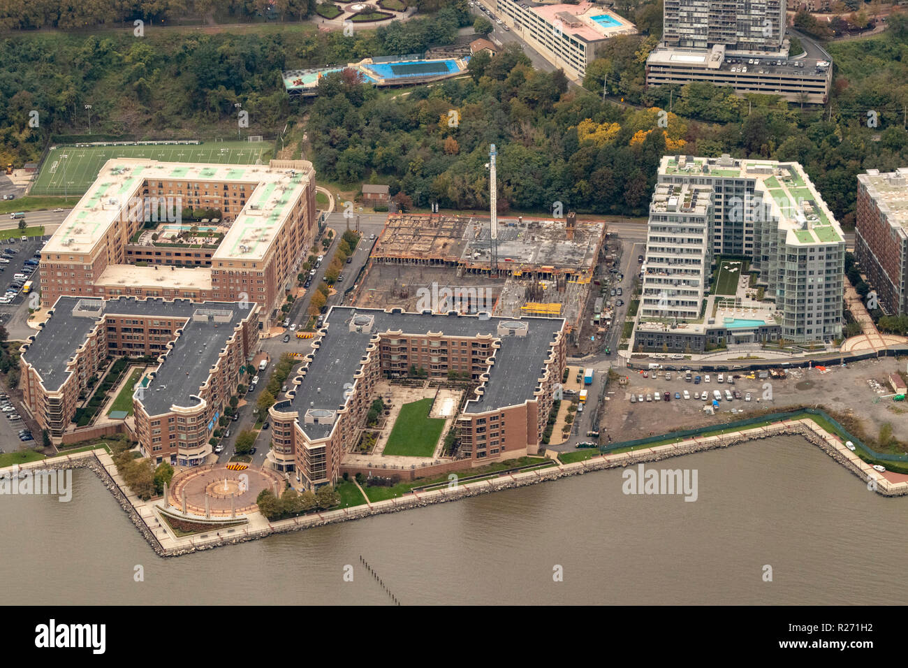 helicopter aerial view of apartments and shops at Riverwalk Place, West