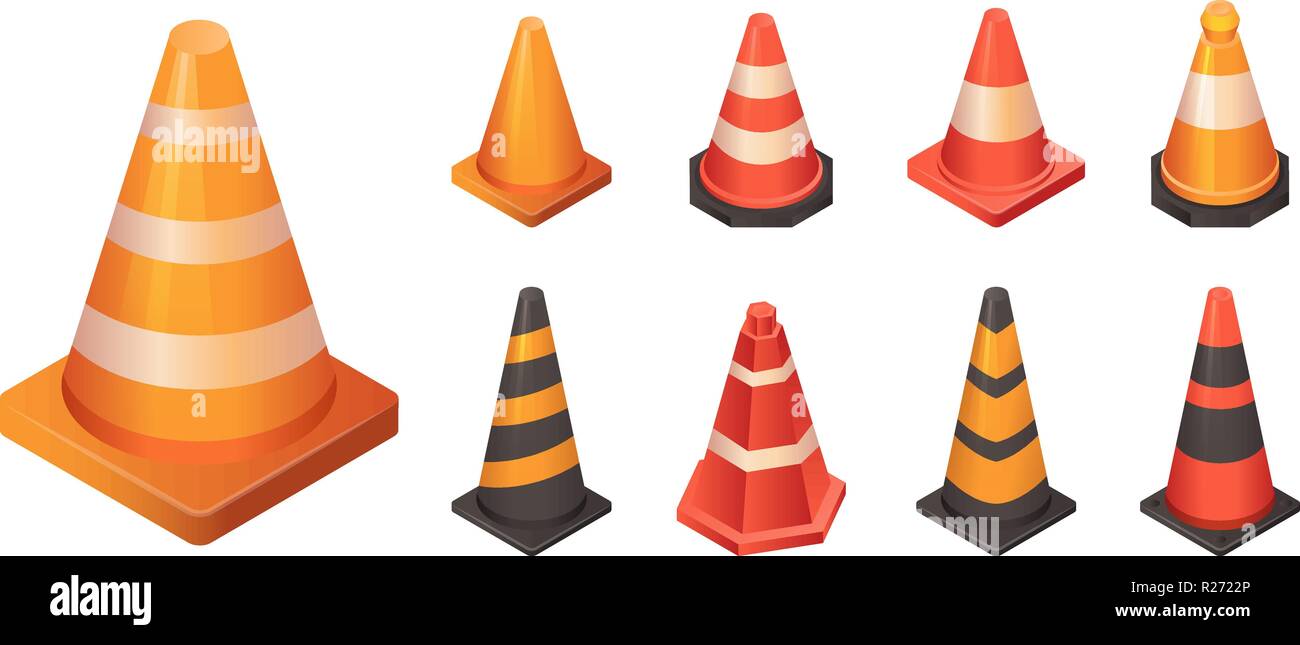 Cone traffic icon set, isometric style Stock Vector