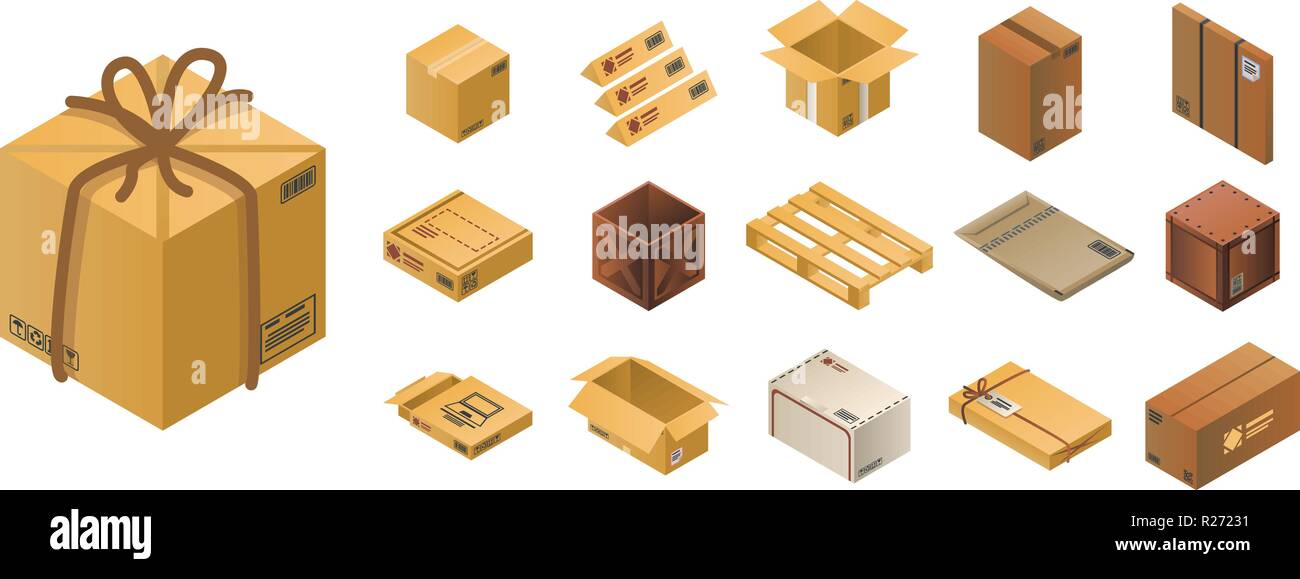 Parcel icon set, isometric style Stock Vector