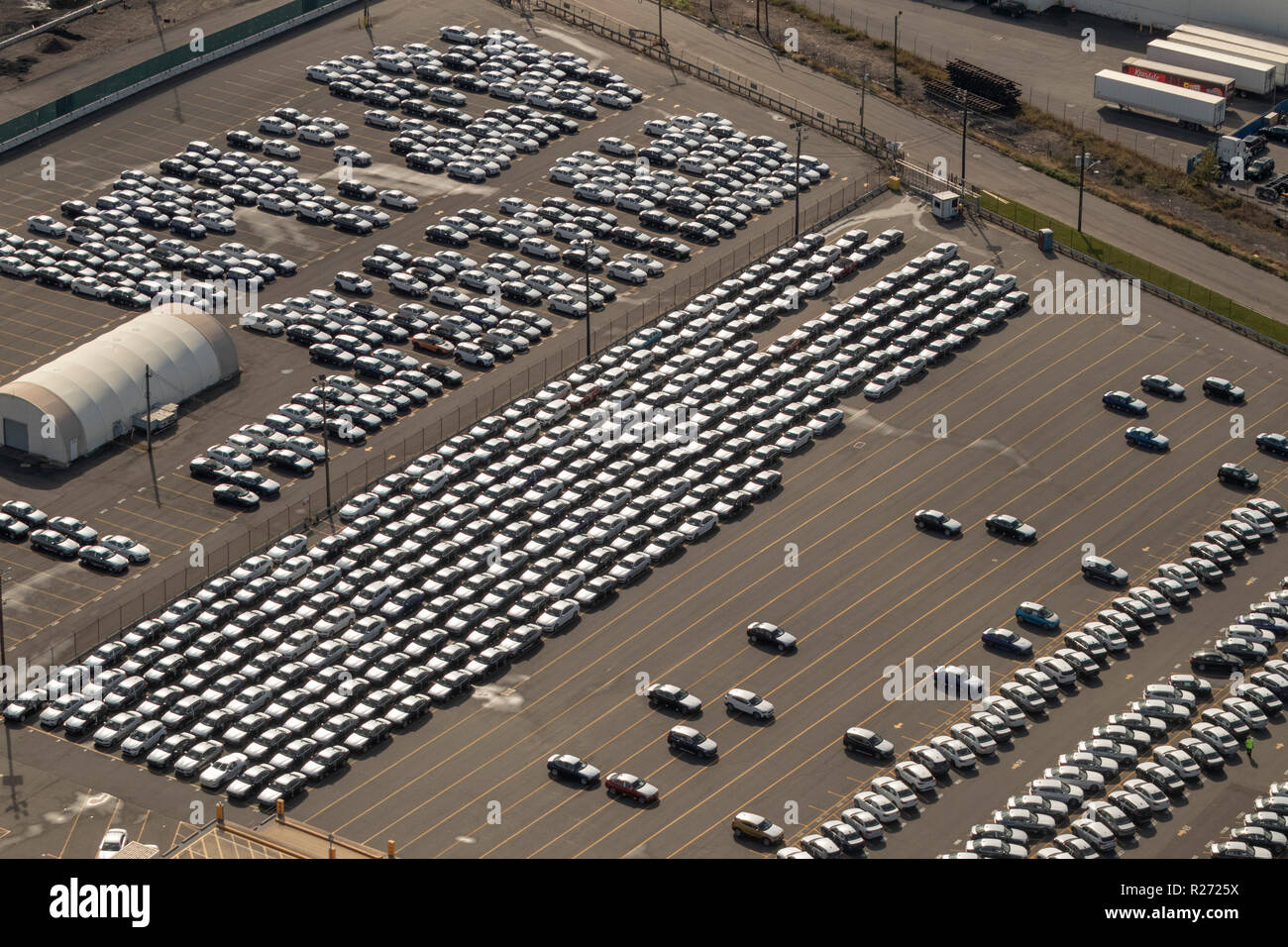 helicopter aerial view of vehicle distribution center, New Jersey, USA Stock Photo