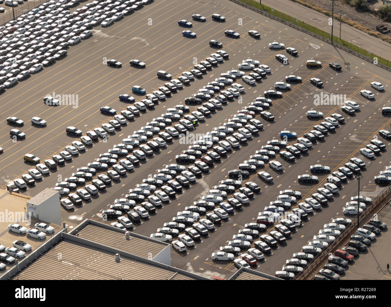 helicopter aerial view of vehicle distribution center, New Jersey, USA Stock Photo