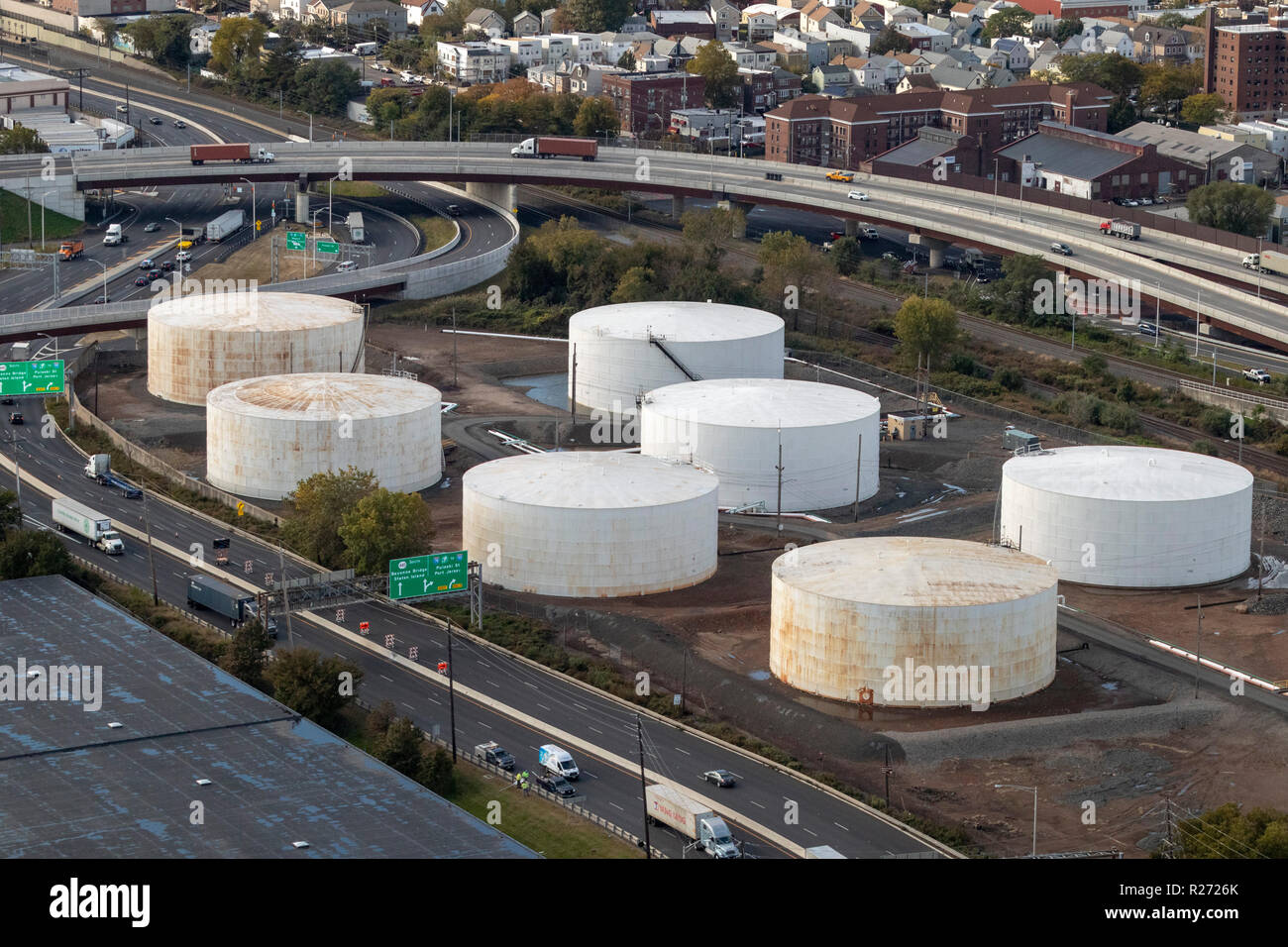 helicopter aerial view of storage tanks, Bayonne, Jersey City, New