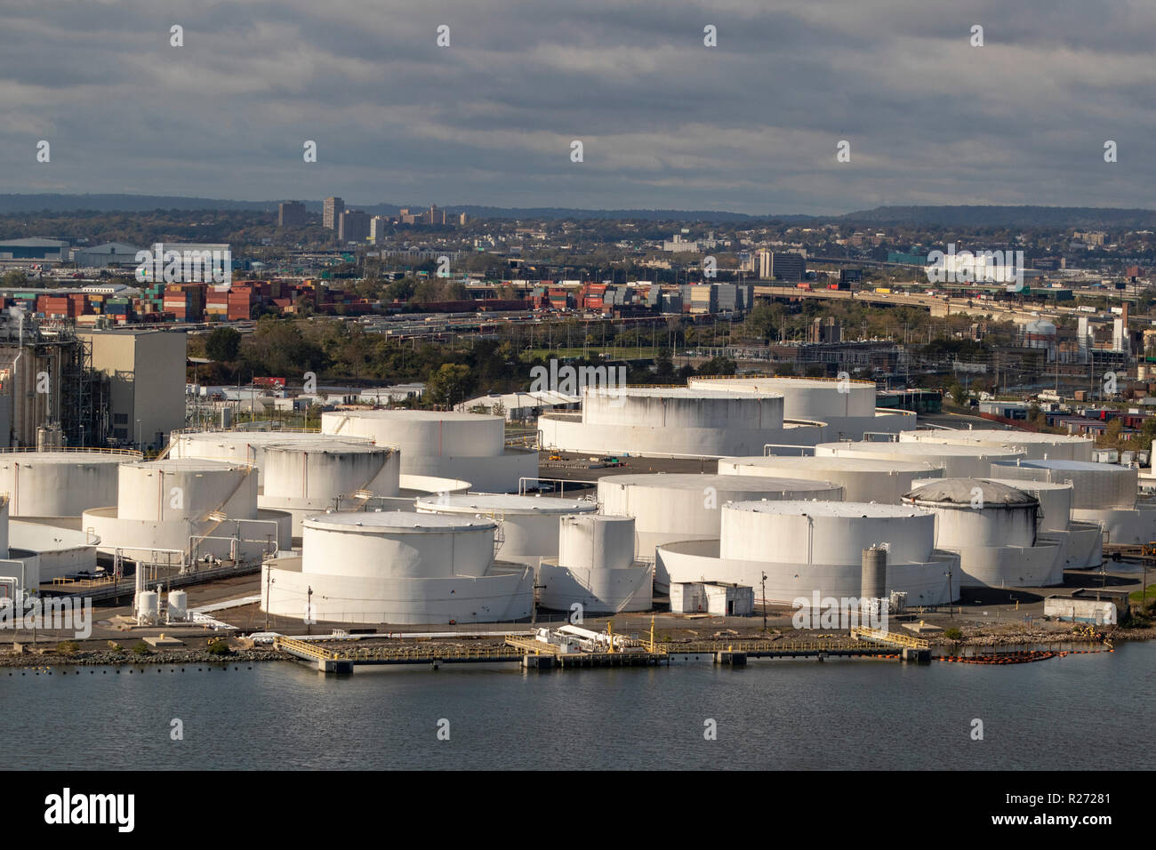 helicopter aerial view of The Newark Energy Center and adjacent fuel
