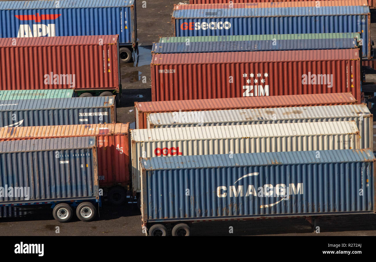 helicopter aerial view of containers at Columbia Security Parking, 252 Doremus Ave Newark NJ, USA Stock Photo