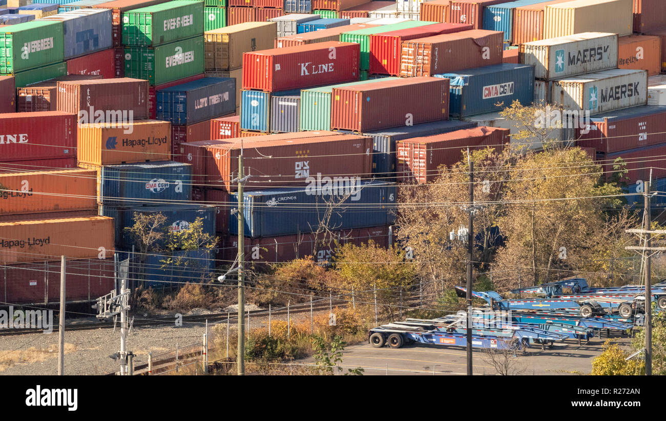helicopter aerial view of container park  of Container Services of NJ, 303 Doremus Ave, Newark, New Jersey, USA Stock Photo