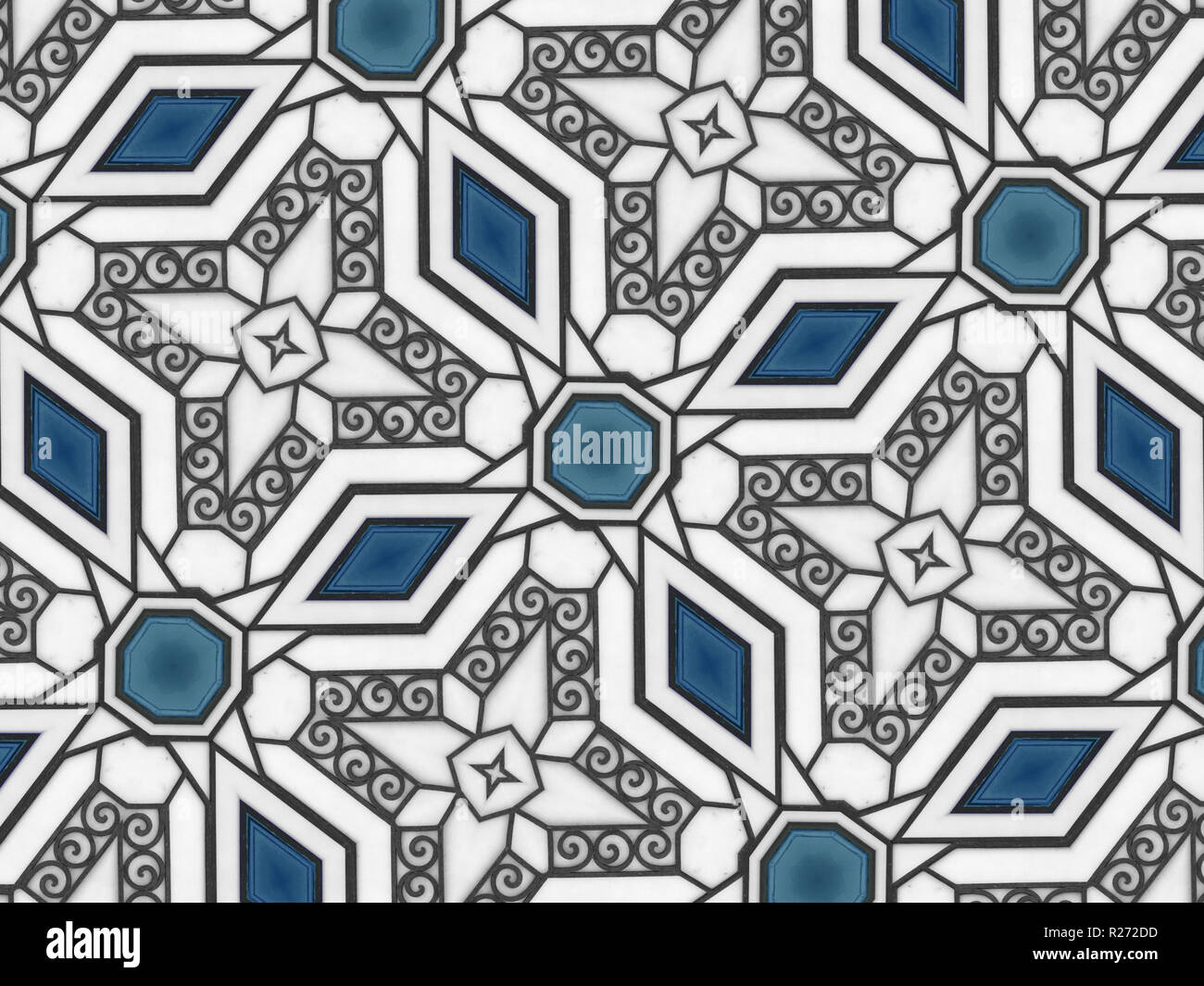 Detailed geometric pattern with blue shapes and spiral motif. Abstract background. Stock Photo