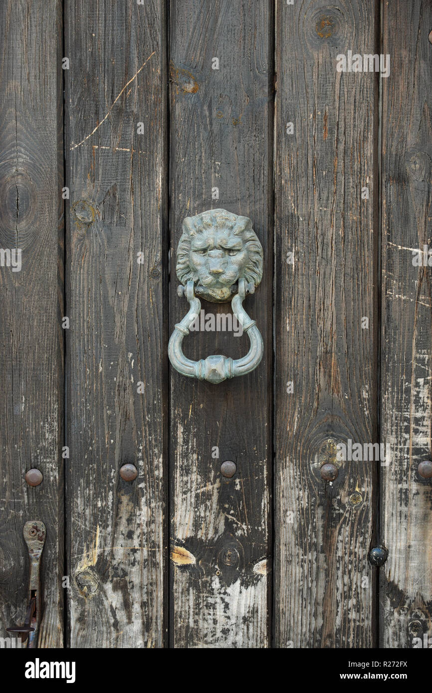 Vintage lion head door knocker and weathered wooden gate background. Stock Photo