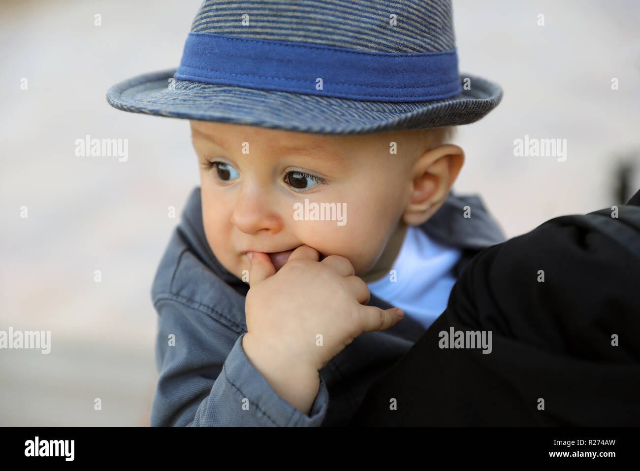 Beautiful Eleven Month Old Baby Boy With His Italian Hat And Suit Jacket.  Close Up View Portrait Stock Photo - Alamy