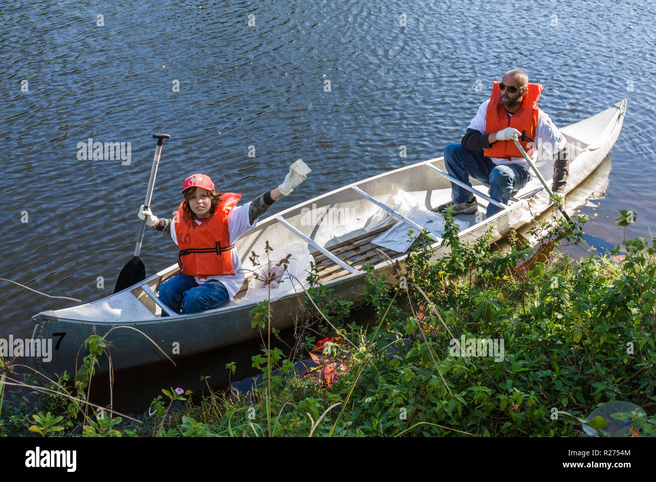 Miami Florida,Oakland Grove,Annual Little River Day Clean Up,trash,pick up,litter,floating debris,clean,pollution,volunteer volunteers volunteering wo Stock Photo