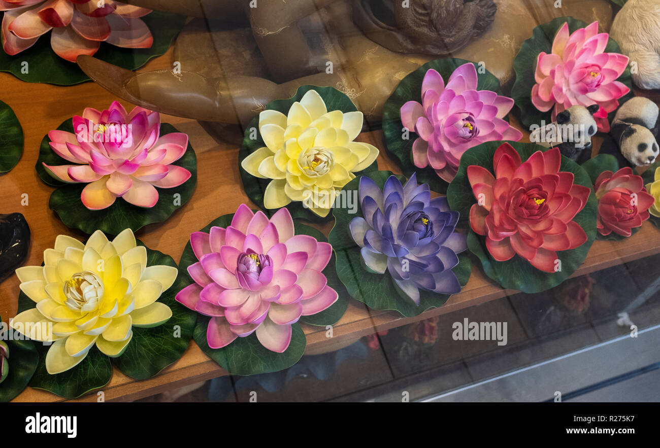 Chinese Lotus Flowers Other Good Luck Talisman In Window Display Stock Photo Alamy