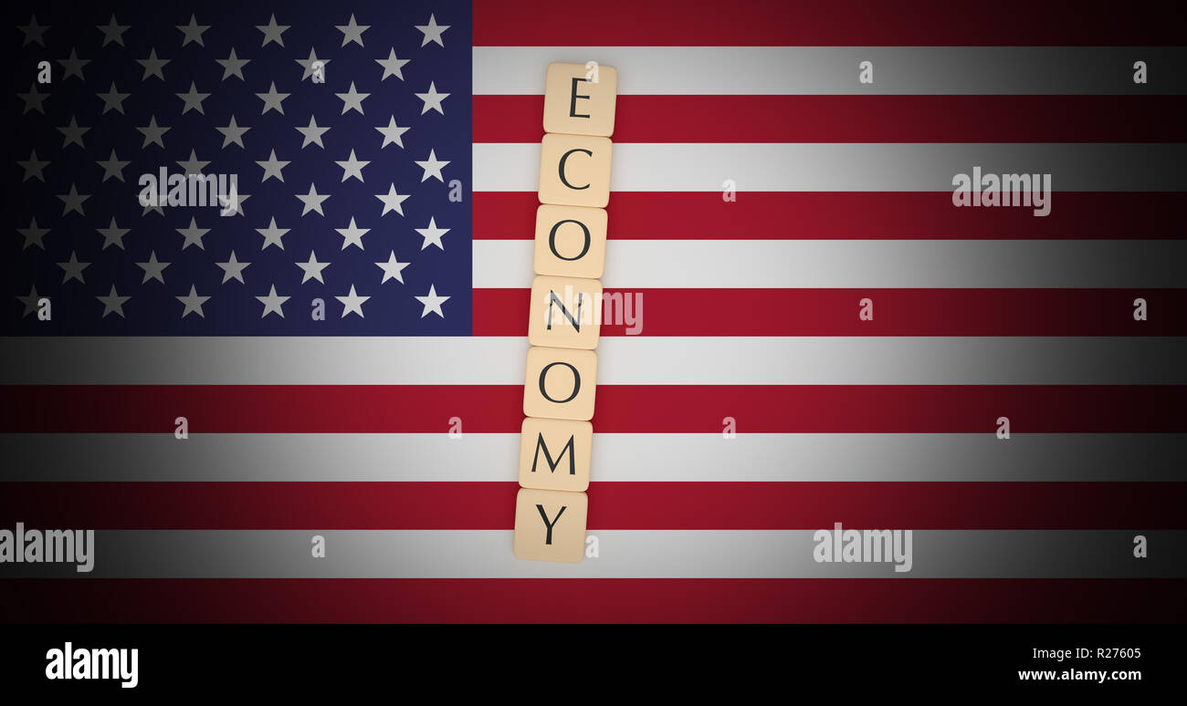 USA Business Concept: Letter Tiles Economy On US Flag 3d illustration Stock Photo