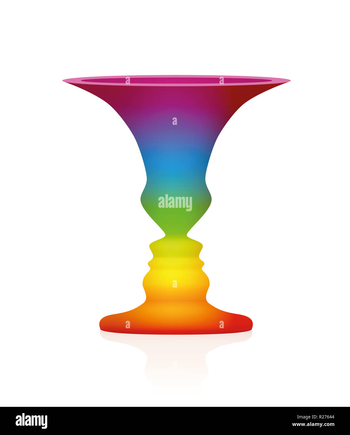 Optical illusion. Vase with two faces in profile. In psychology known as identifying figure from background. Rainbow colored three-dimensional vessel. Stock Photo