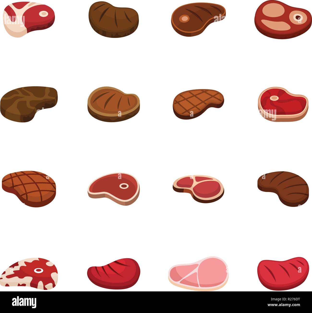 Steak dinner grilled beef icons set. Flat illustration of 16 steak dinner grilled beef vector icons for web Stock Vector