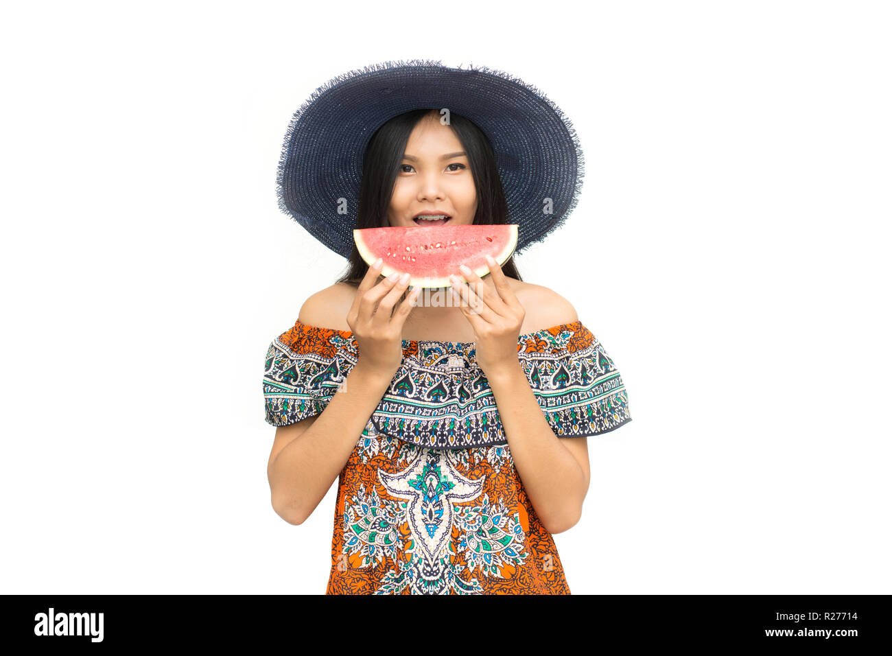 portrait of beautiful asian woman with watermelon isolated on white background. summer and vacations Stock Photo