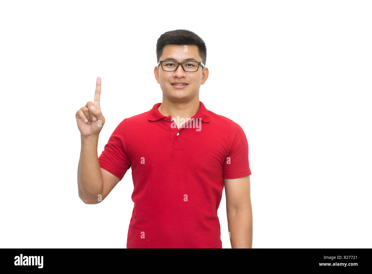 Portrait of Asian young male isolated on white background in casual clothes with optimistic smile, showing victory sign with ono fingers, with clippin Stock Photo