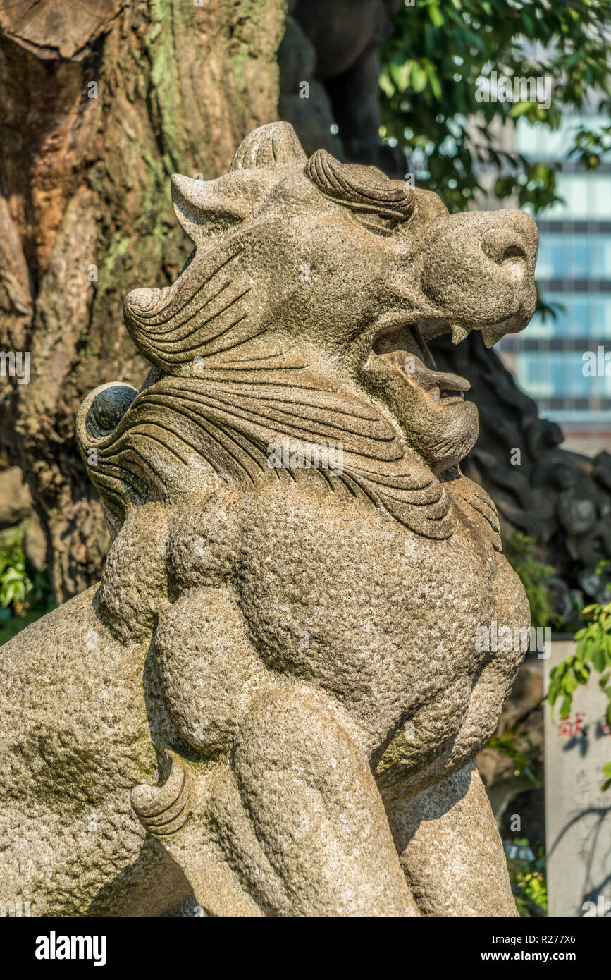 Tokyo, Chiyoda Ward - August 5, 2018 : Komainu Lion-Dong Guardian of Kanda Myojin or Kanda Jinja. Shinto shrine located near Akihabara electric town Stock Photo