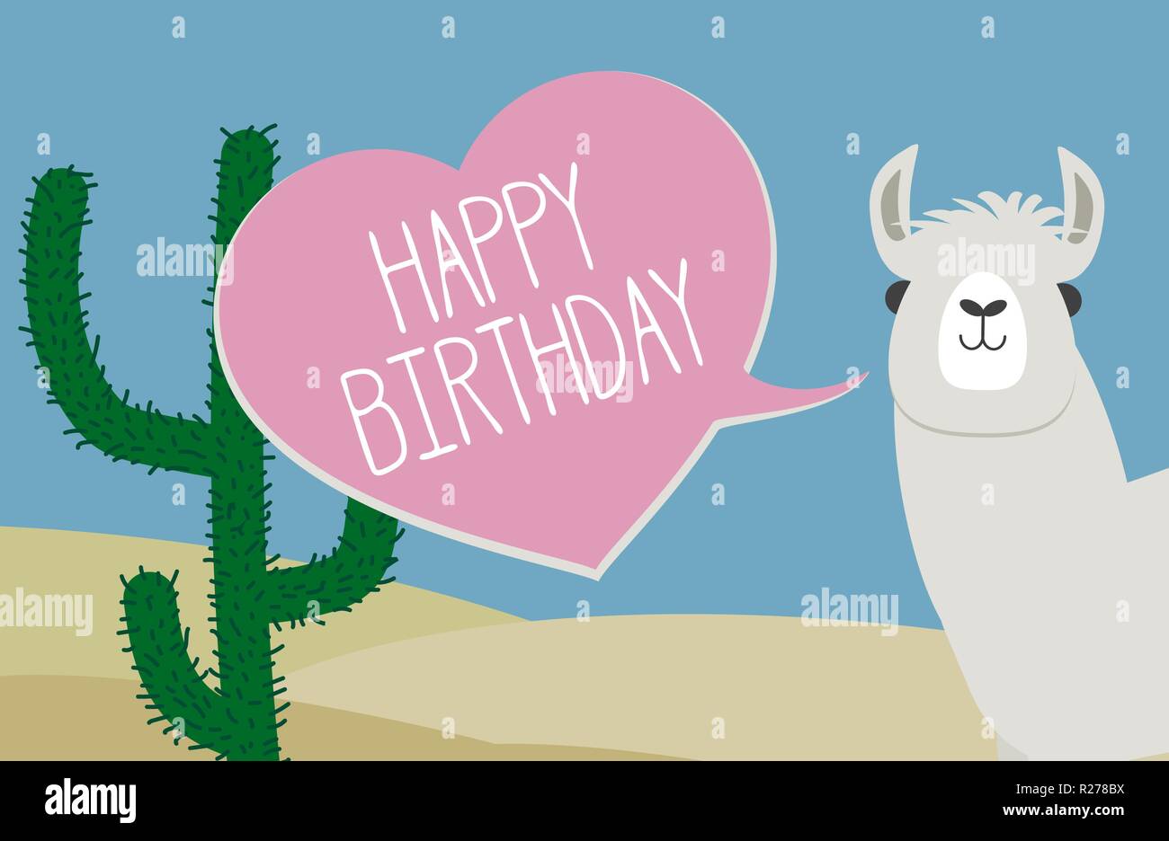 happy birthday greeting card with llama and heart shaped speech bubble Stock Vector