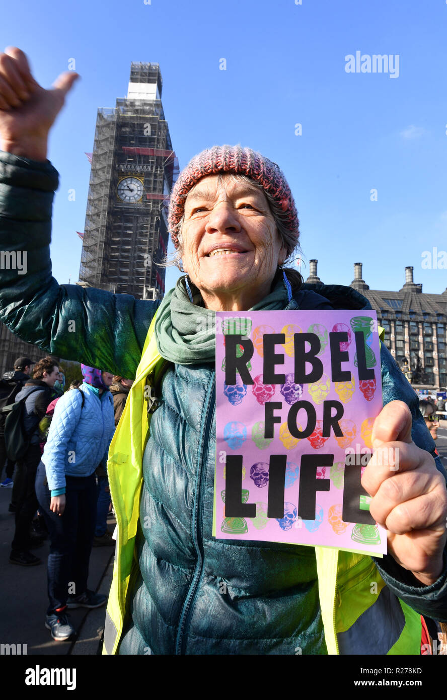 Demonstrators on Westminster Bridge in London for a protest called by Extinction Rebellion to raise awareness of the dangers posed by climate change. Stock Photo