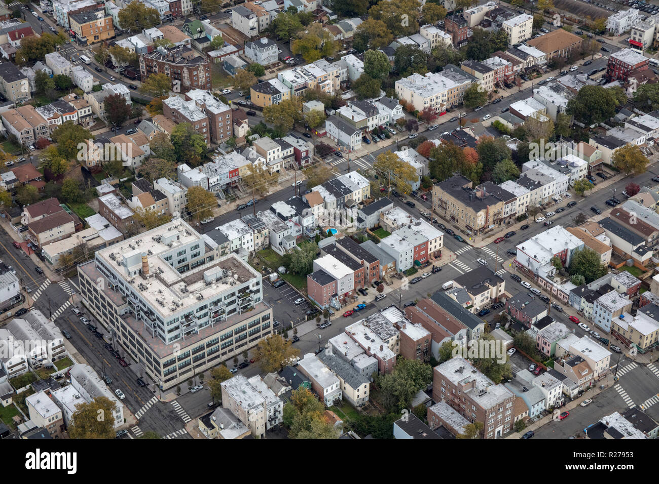 helicopter aerial view of Oakland Avenue, Jersey City, New Jersey, USA Stock Photo
