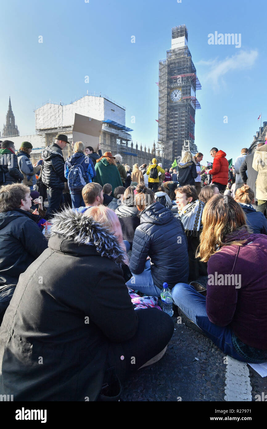 Demonstrators on Westminster Bridge in London for a protest called by Extinction Rebellion to raise awareness of the dangers posed by climate change. Stock Photo