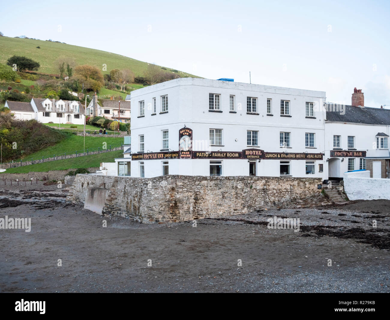 The Fo'c'sle Hotel  pub and restaurant on the beach at at Combe Martin Devon UK Stock Photo