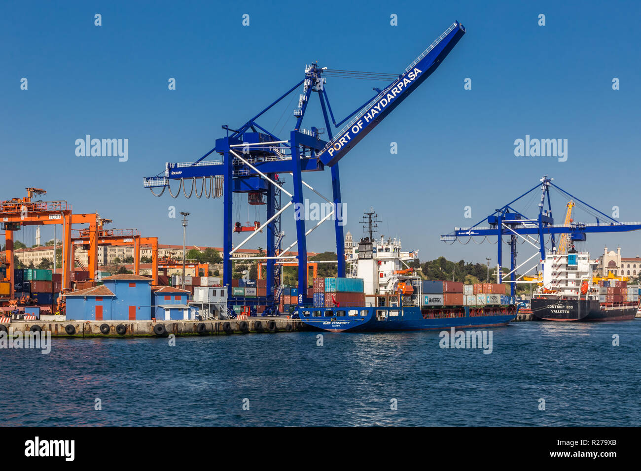 Istanbul, Turkey, April 29, 2013: View of Haydarpasa Container  Terminal, showing cranes and container ships. Stock Photo