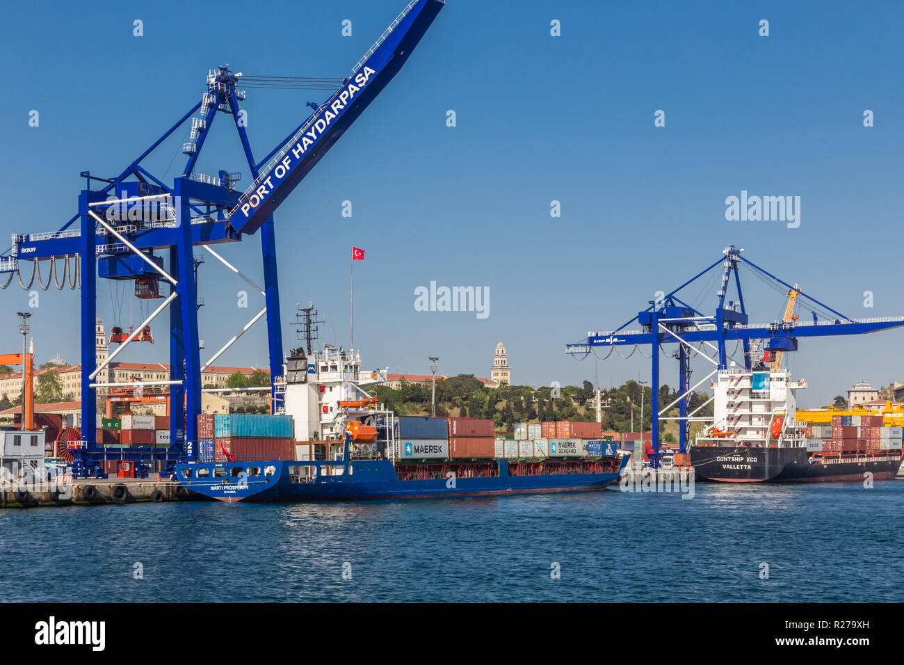 Istanbul, Turkey, April 29, 2013: View of Haydarpasa Container  Terminal, showing cranes and container ships. Stock Photo