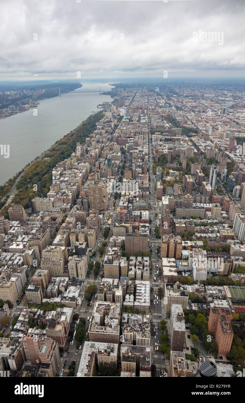 helicopter aerial view of upper West side, Manhattan, New York City, USA Stock Photo