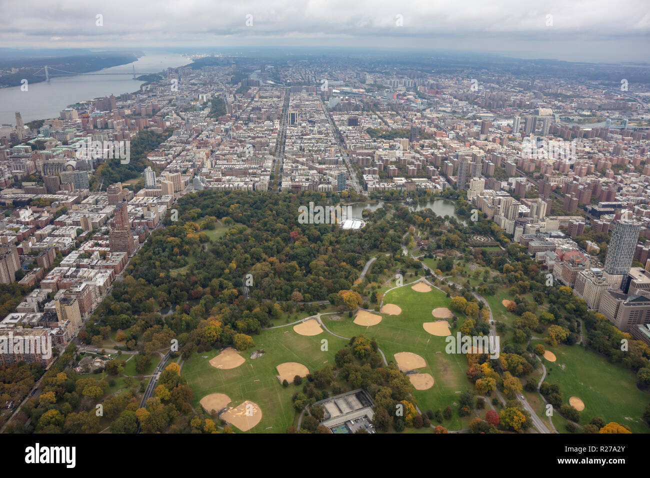 helicopter aerial view of Central Park and Uptown, Manhattan, New York City, USA Stock Photo