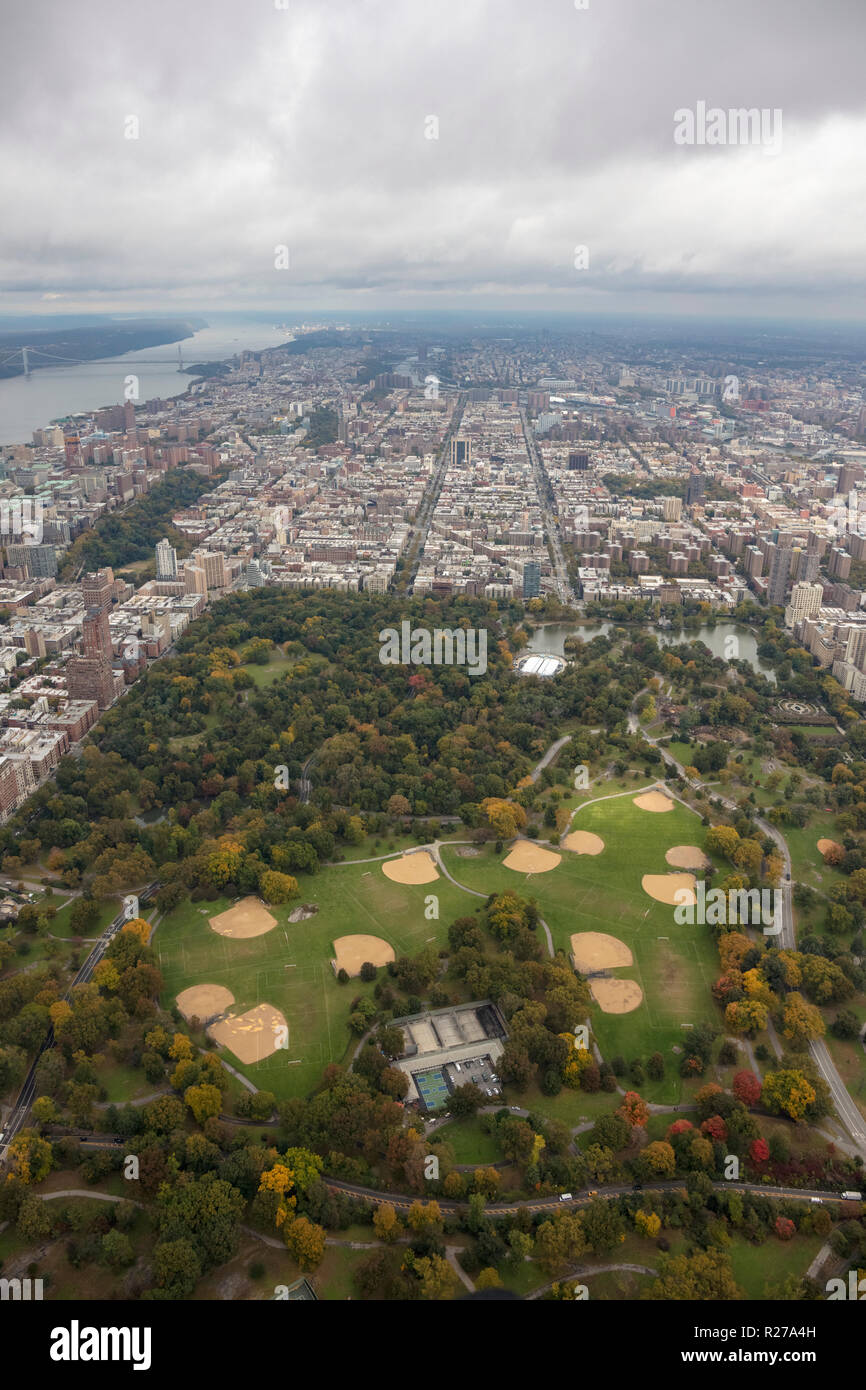 helicopter aerial view of Central Park and Uptown, Manhattan, New York City, USA Stock Photo