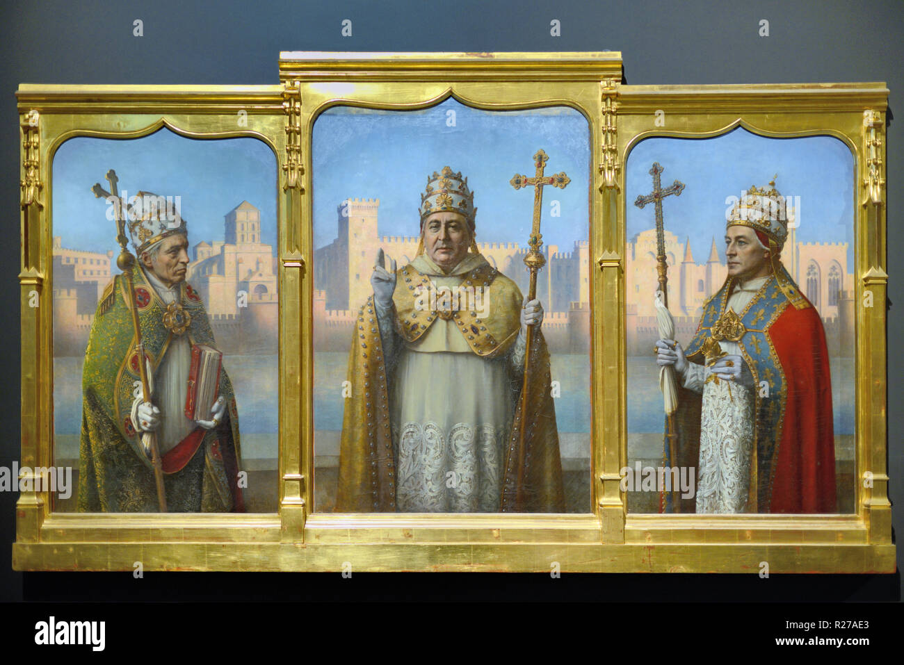 Triptych Builders of the Papal Palace Popes John XXII, Benedict XII & Clement VI Oil Painting by Henri Rondel 1915-16. Palace of the Popes Avignon Stock Photo