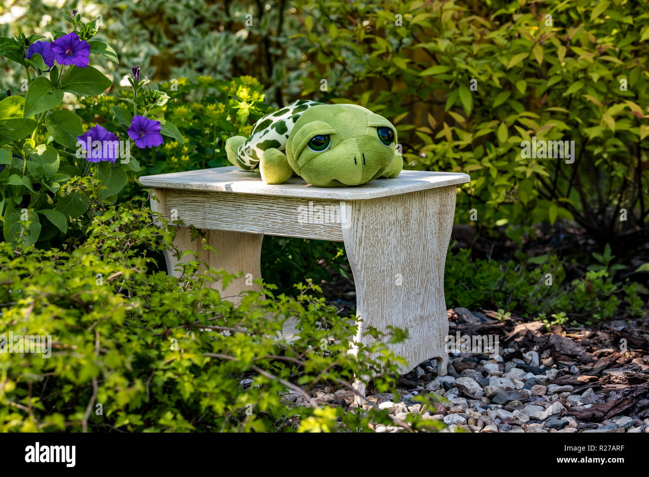 White homemade stool on the background of nature 2018 Stock Photo