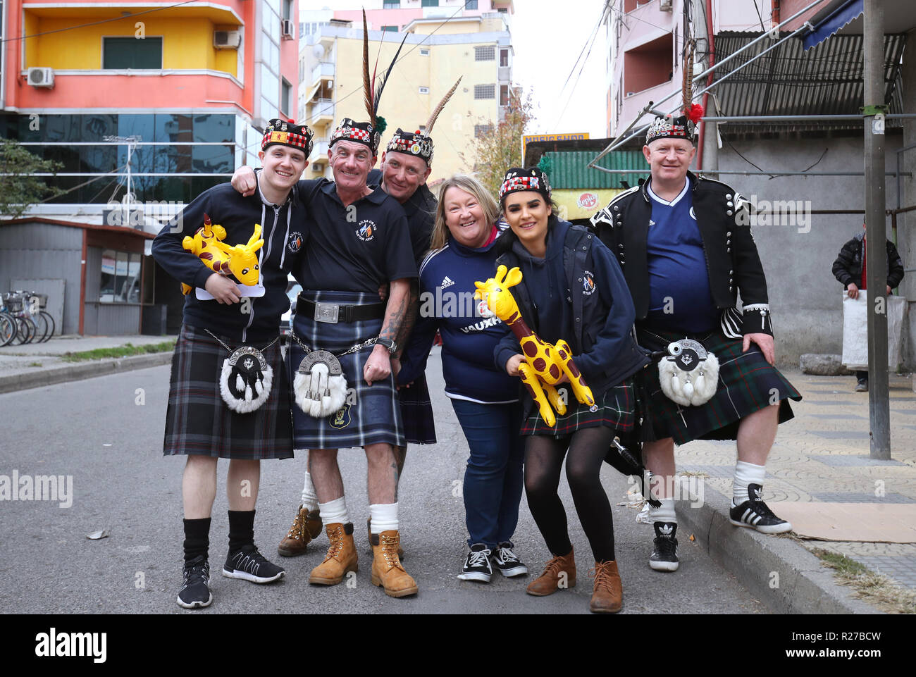 Scotland fans pose for a picture before the UEFA Nations League, Group C1 match at the Loro Borici Stadium, Shkoder. Stock Photo