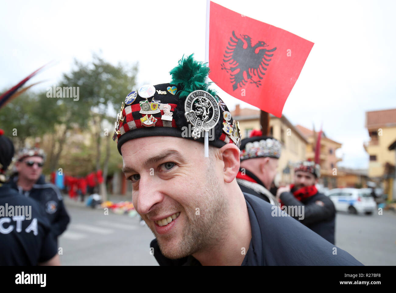 A Scotland fan with Albania themed merchandise before the UEFA Nations League, Group C1 match at the Loro Borici Stadium, Shkoder. Stock Photo