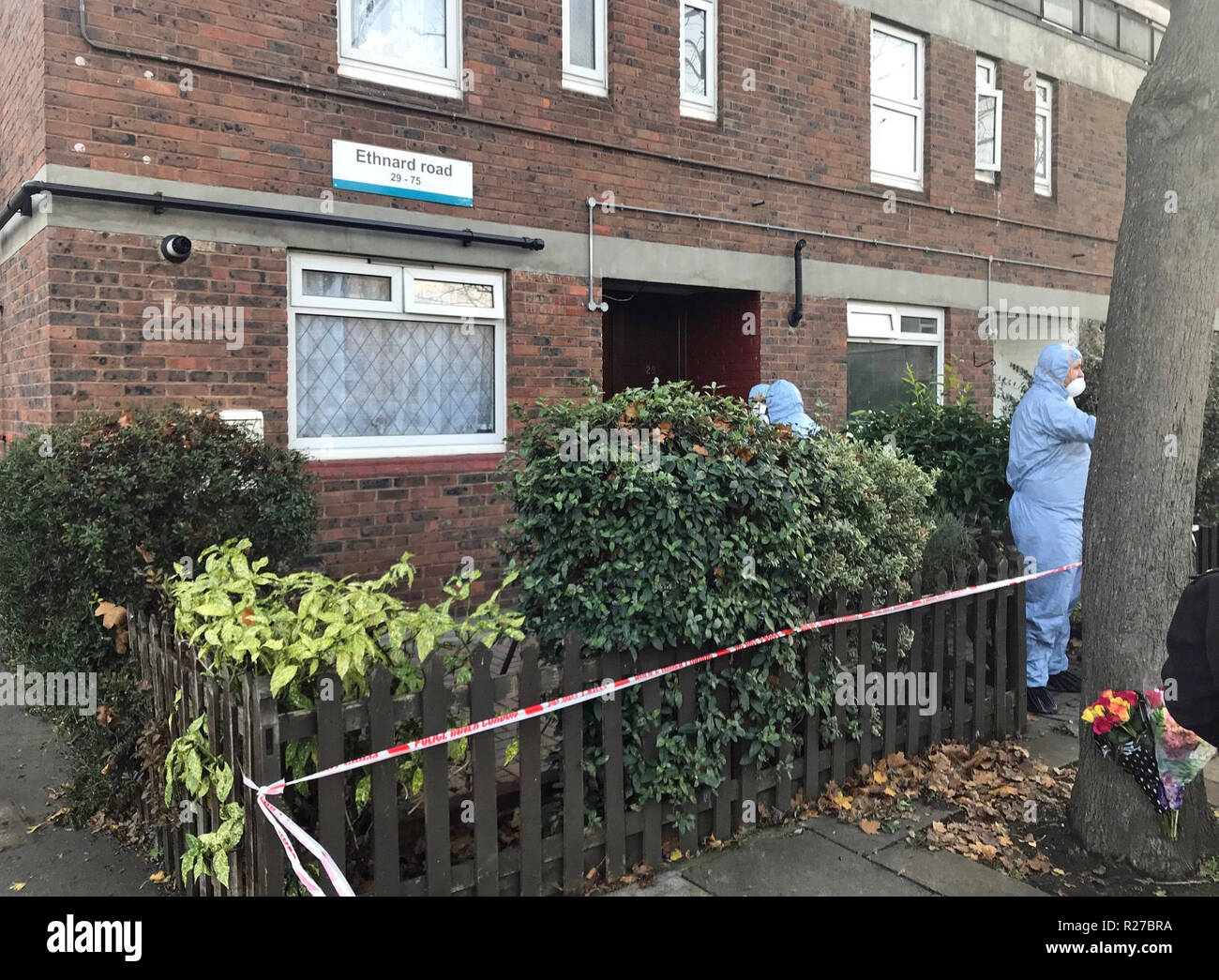 The scene at Ethnard Road, Peckham, where a 75-year-old woman was stabbed to death in a suspected domestic incident, as London's deadly year of violence continues. Stock Photo