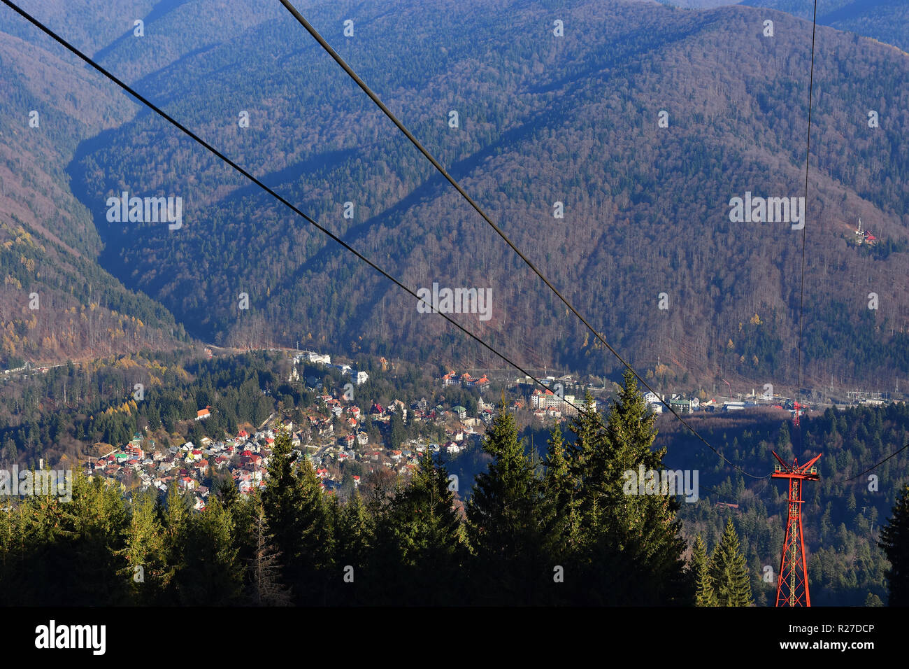 Prahova Valley , Bucegi mountains , Sinaia resort , Romania. View from above,  Cable lift station at Cota 1400 Stock Photo - Alamy
