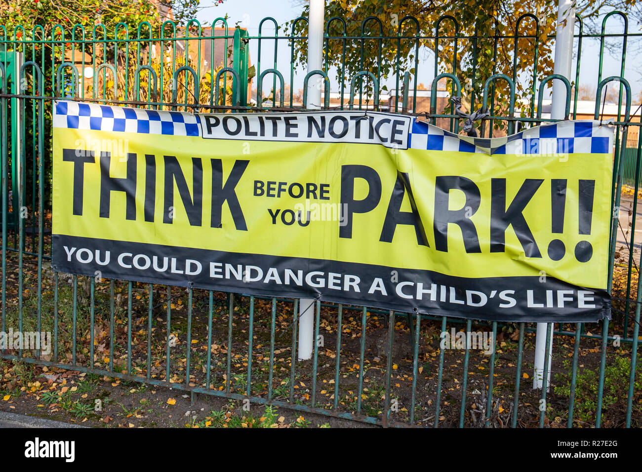 Police notice near a school in Winsford Cheshire Think before you park!! Stock Photo