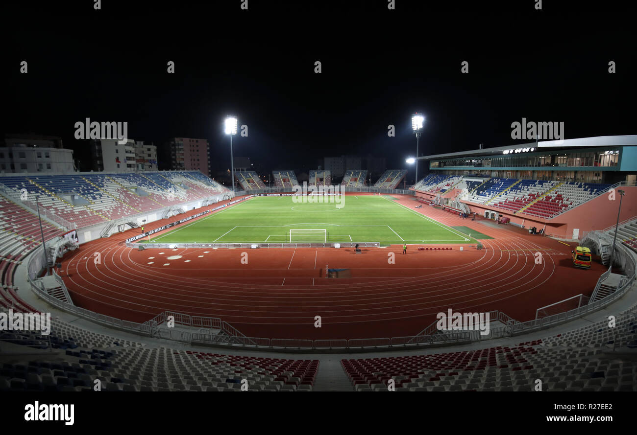 A general view of the Loro Borici Stadium during the UEFA Nations League, Group C1 match at the Loro Borici Stadium, Shkoder. PRESS ASSOCIATION Photo. Picture date: Saturday November 17, 2018. See PA story soccer Albania. Photo credit should read: Adam Davy/PA Wire. RESTRICTIONS: Editorial use only, No commercial use without prior permission Stock Photo