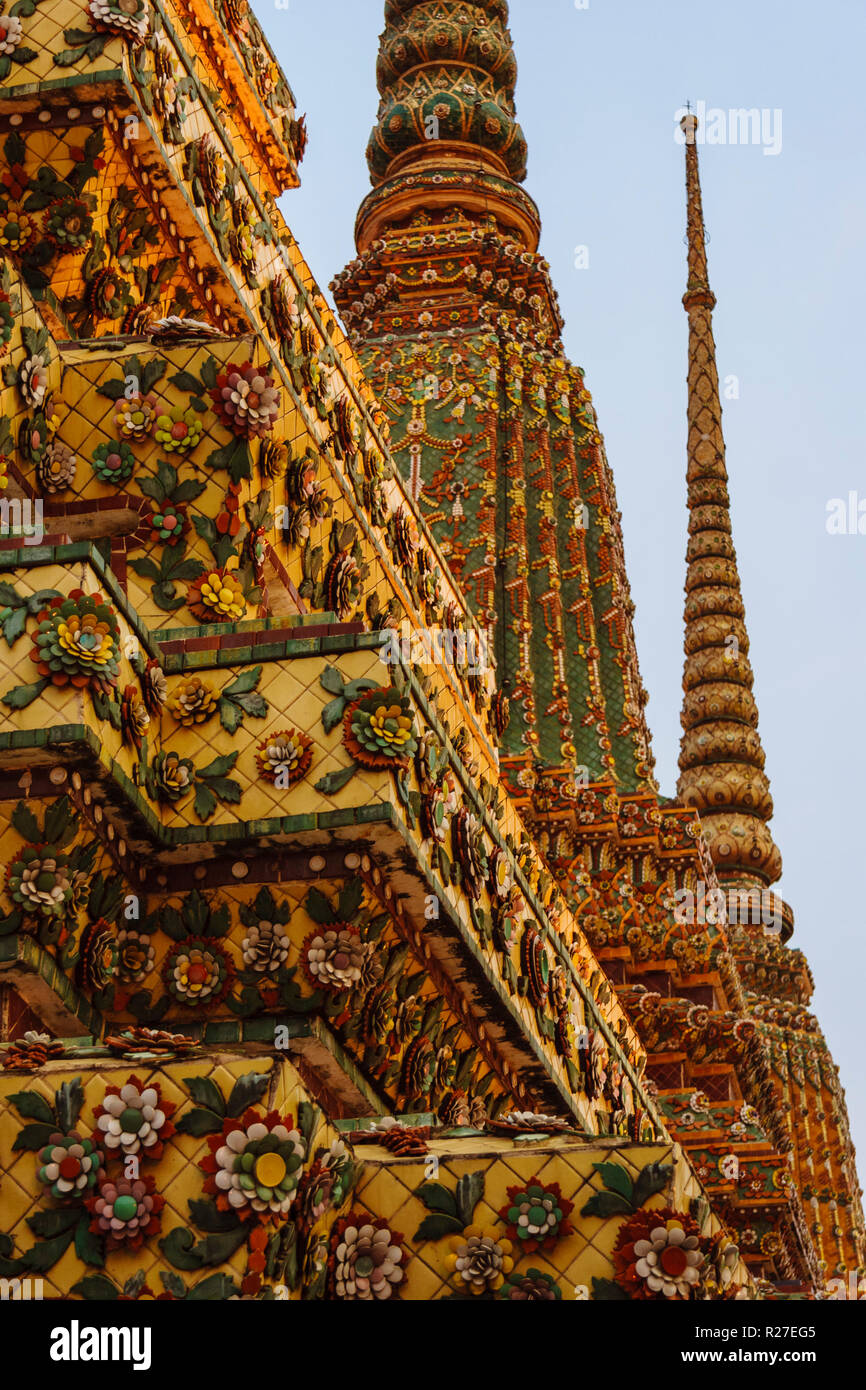 Bangkok, Thailand : Wat Pho Buddhist temple. Stupas on the Phra Maha Chedi Si Ratchakan section. Stock Photo