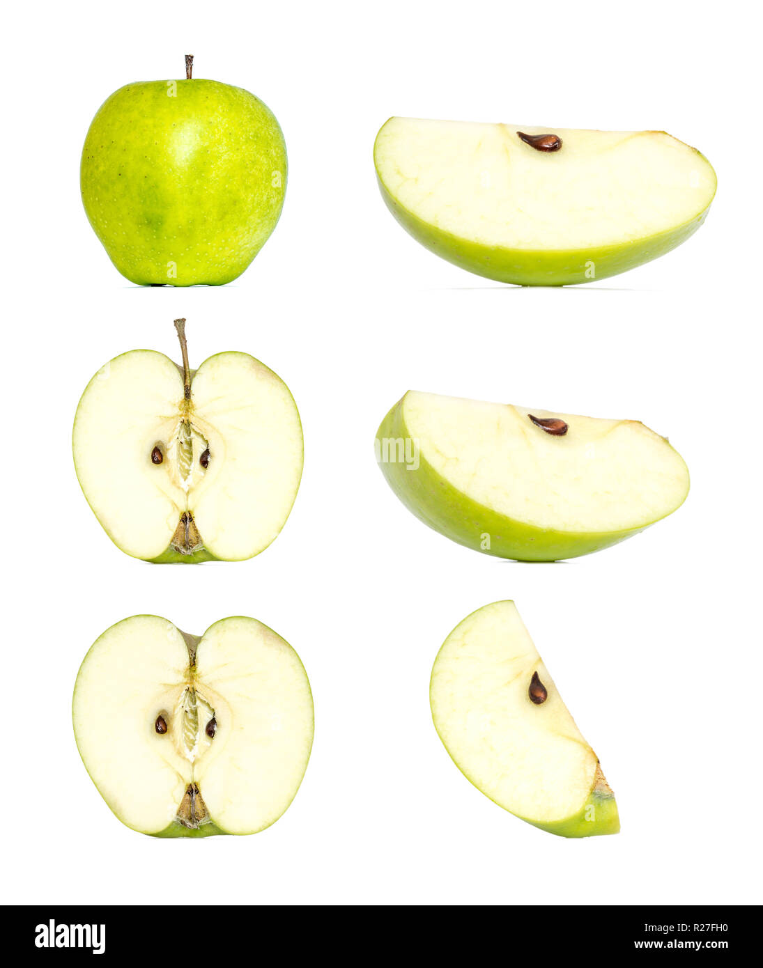 Green Apple Composition Collection In Different Variations Isolated On White Background Whole Cut In Half And A Slice Of Apple Clipping Path Stock Photo Alamy