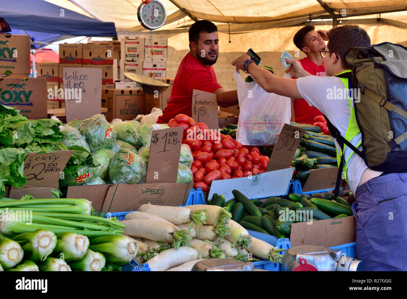Boston street market with fresh vegetables and fruits, Massachusetts, USA Stock Photo