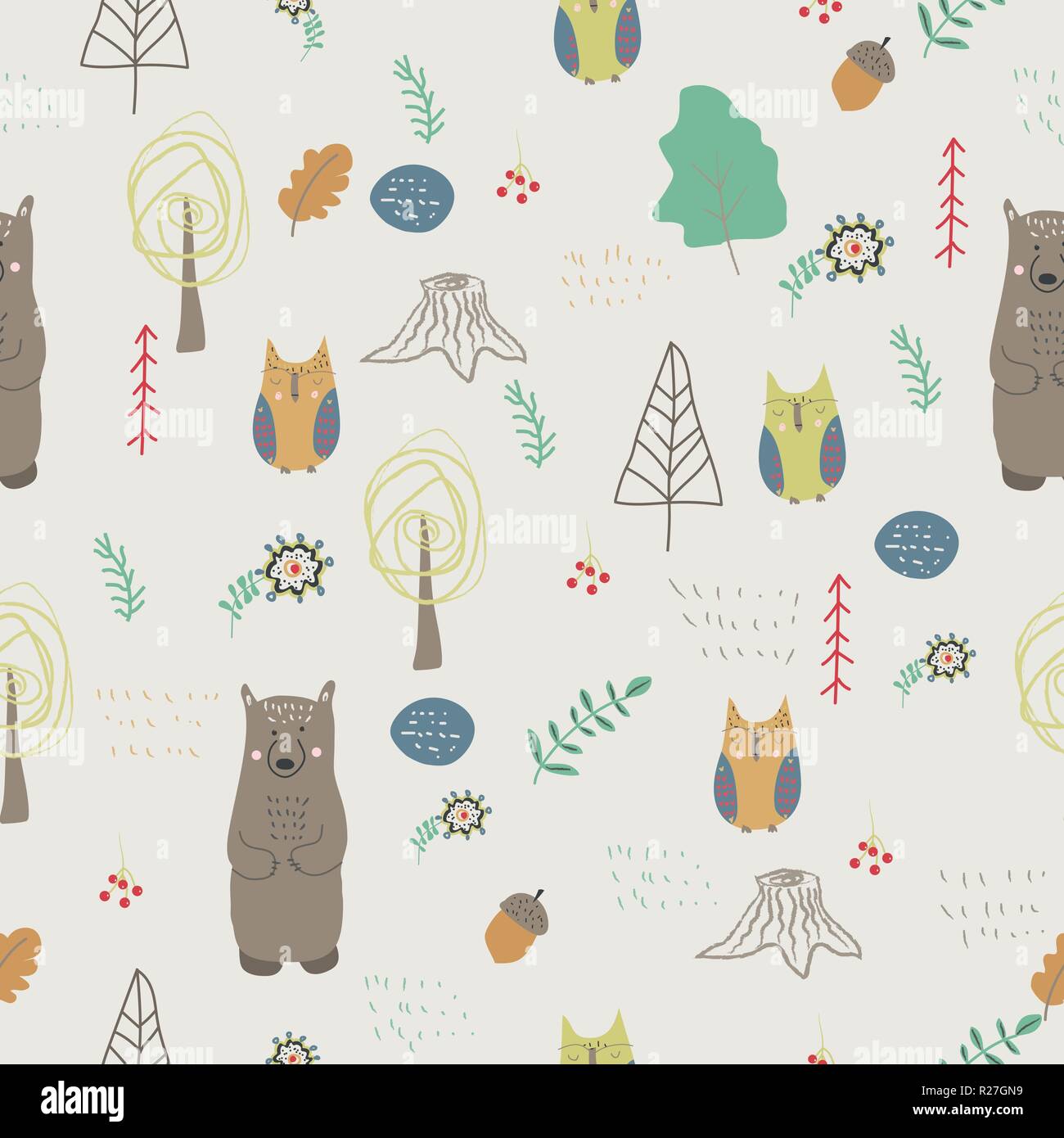 Forest animals. Seamless pattern in scandinavian style. Creative kids texture for fabric, wrapping, textile, wallpaper, apparel. Vector illustration. Stock Vector