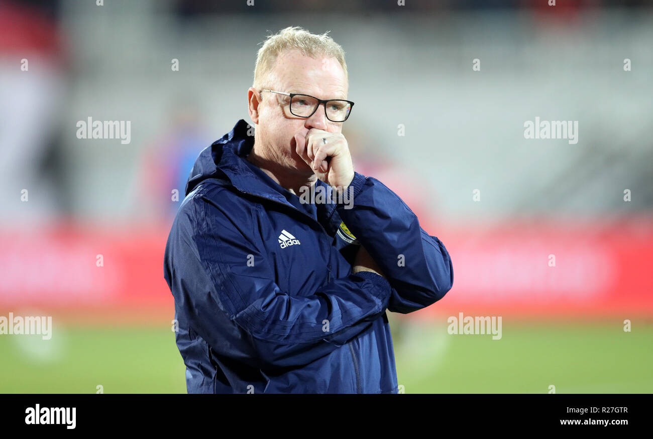 Scotland manager Alex McLeish during the UEFA Nations League, Group C1 match at the Loro Borici Stadium, Shkoder. Stock Photo