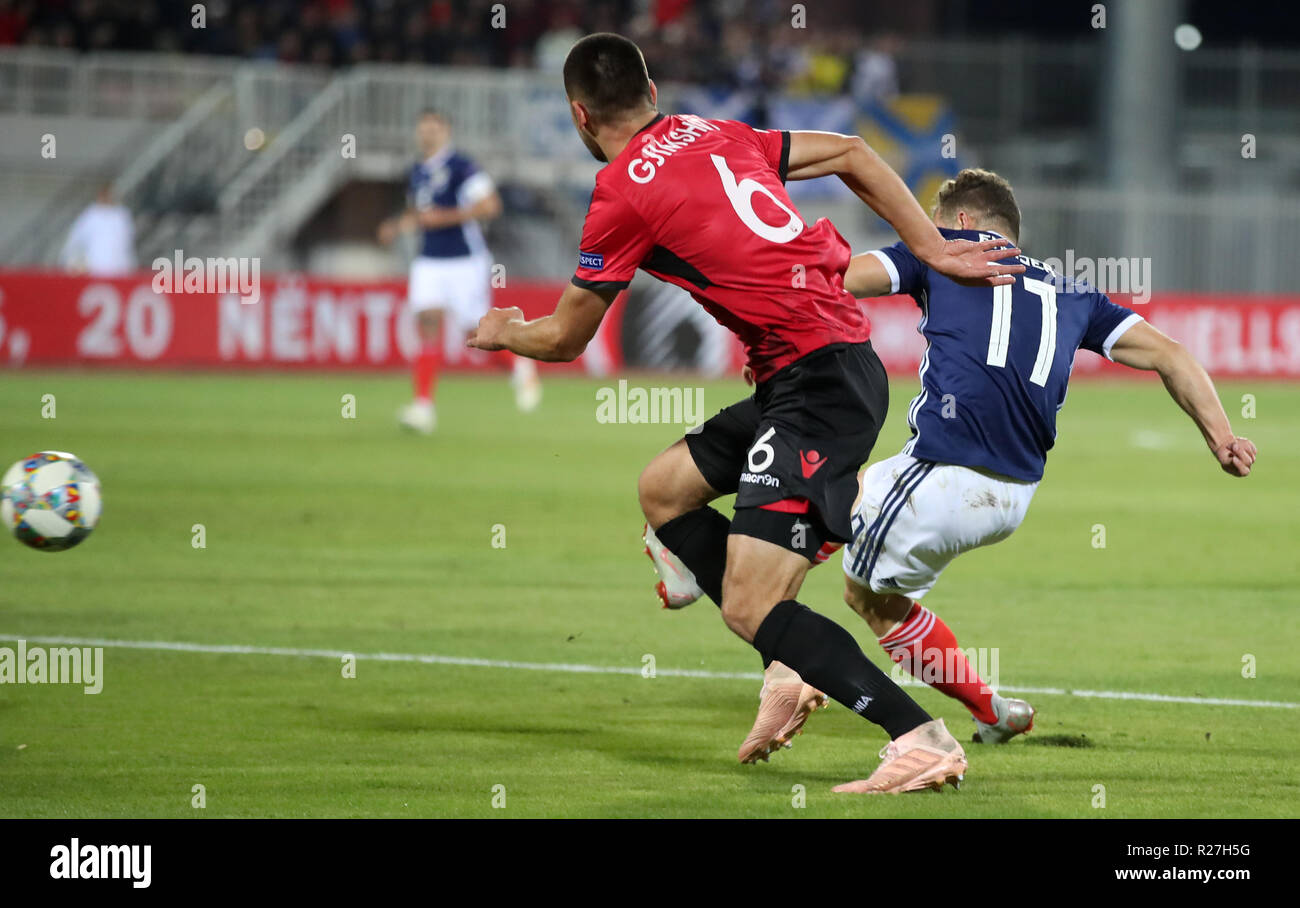 Scotland's Ryan Fraser scores side's first goal of the game with team-mate Ryan Christie during the UEFA Nations League, Group C1 match at the Loro Borici Stadium, Shkoder. Stock Photo