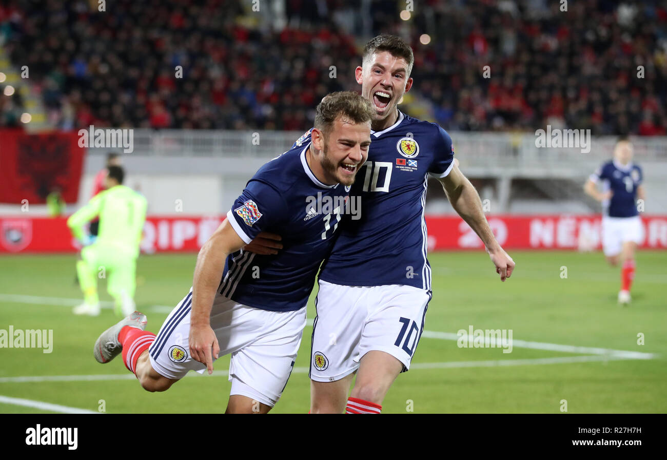 Scotland's Ryan Fraser (left) celebrates scoring his side's first goal of the game with team-mate Ryan Christie during the UEFA Nations League, Group C1 match at the Loro Borici Stadium, Shkoder. Stock Photo