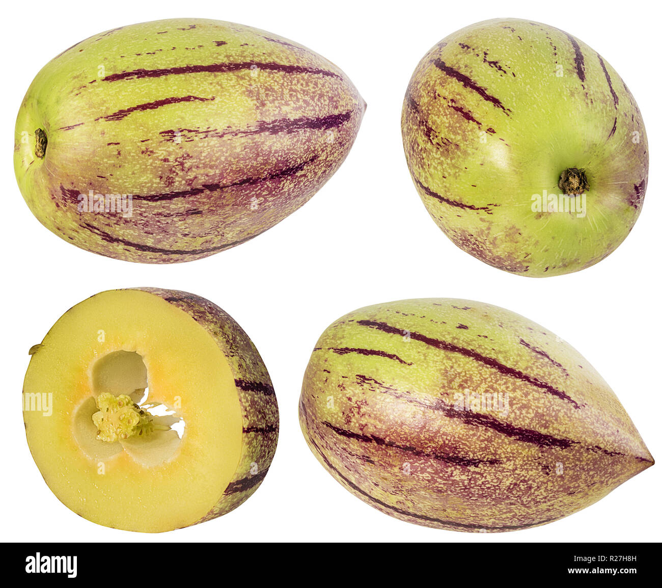 Pepino melon fruit isolated on white background. Clipping Path. Stock Photo