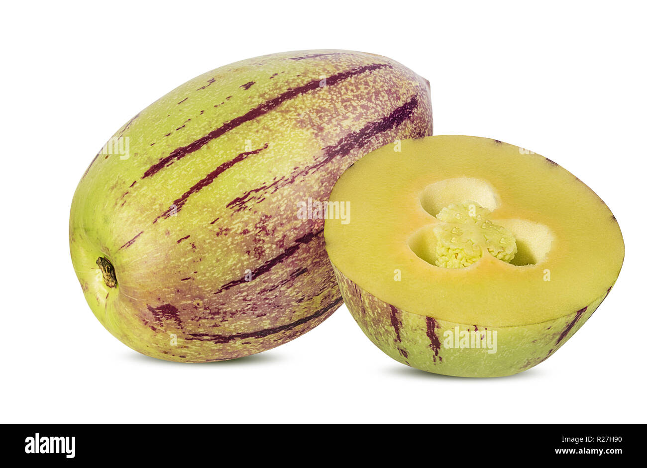 Pepino melon fruit isolated on white background. Clipping Path. Stock Photo