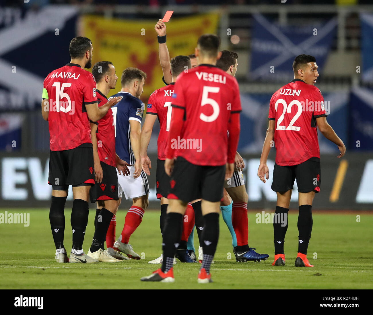 Albania's Megrim Mavraj receives a red card during the UEFA Nations League, Group C1 match at the Loro Borici Stadium, Shkoder. Stock Photo