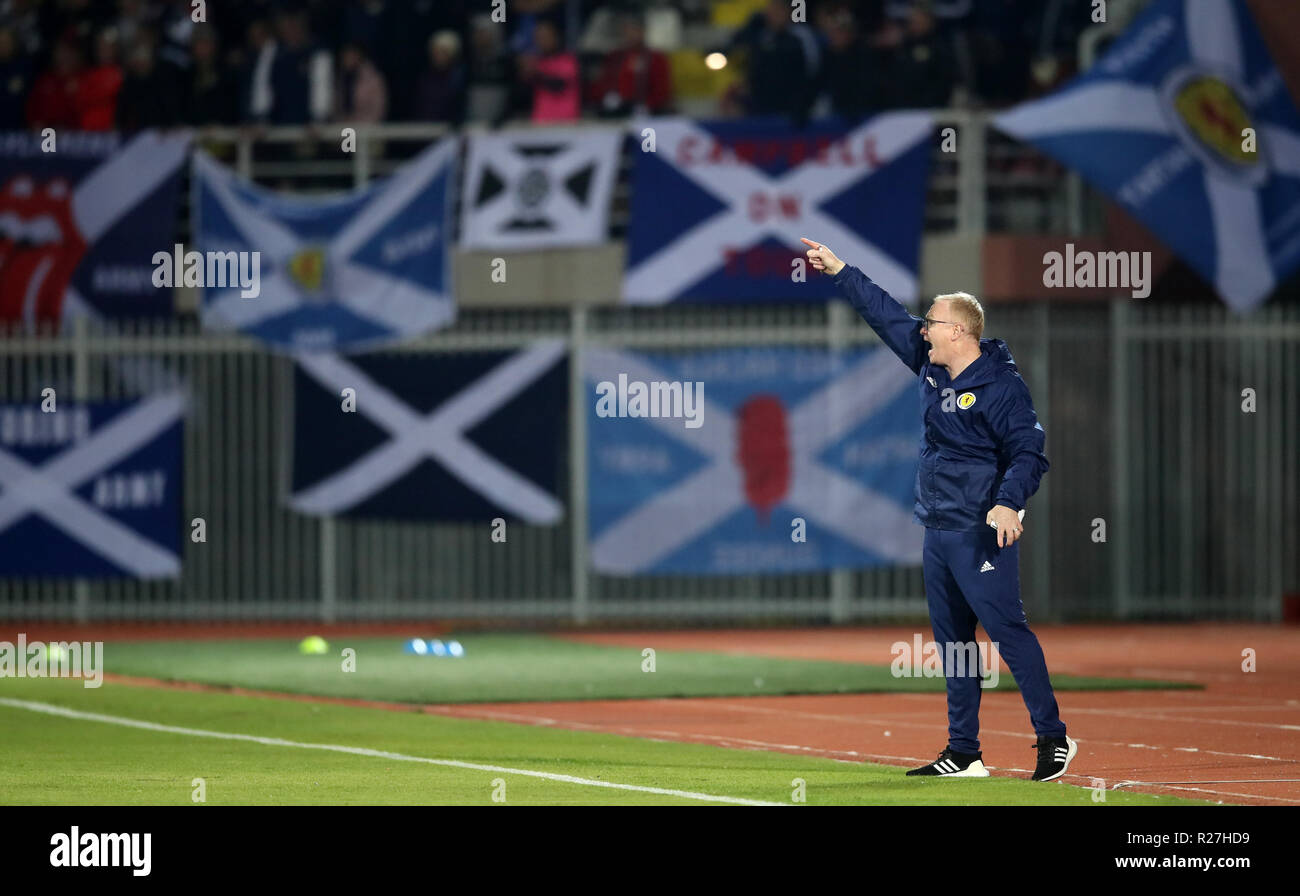 Scotland manager Alex McLeish gestures on the touchline during the UEFA Nations League, Group C1 match at the Loro Borici Stadium, Shkoder. Stock Photo
