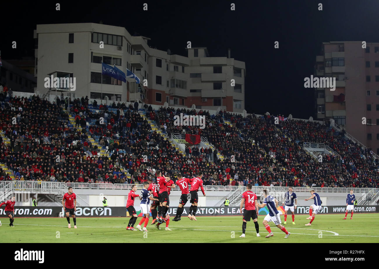 Scotland's Stuart Armstrong takes a free kick, leading to a handball and a penalty for Scotland during the UEFA Nations League, Group C1 match at the Loro Borici Stadium, Shkoder. Stock Photo